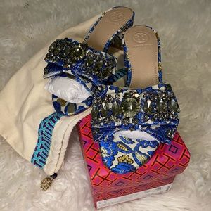 NWT Tory Burch Valentina Jacquard Bow Slide Sandal